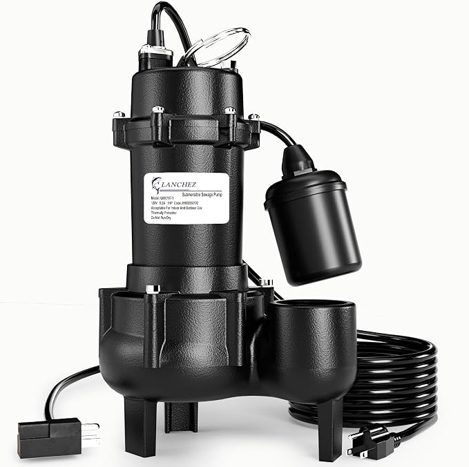 LANCHEZ 1HP 6600 GPH Submersible Sewage Pump, Heavy Duty Cast Iron Effluent Pump with Automatic Tethered Float Switch, Sump Pump for Sump Basin, Basement, Residential, 2" NPT Discharge