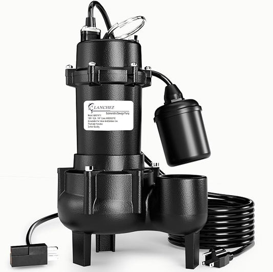 LANCHEZ 1HP 6600 GPH Submersible Sewage Pump, Heavy Duty Cast Iron Effluent Pump with Automatic Tethered Float Switch, Sump Pump for Sump Basin, Basement, Residential, 2" NPT Discharge