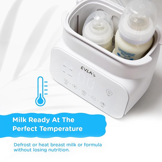 Bottle Warmer - Double Baby Bottle Warmer, Sanitizer, and Milk Defroster - Formula or Breastmilk Heater with Automatic Timer by EVLA’s (White)