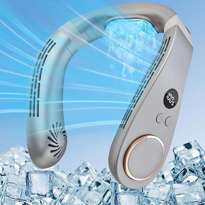 Neck Fan that Blow Cold Air with Cooling Plate, Portable Quiet Rechargeable 5500mAh, LED Display Battery &Speed Neck Cooler, Mini Cordless Personal Air Conditioner for Kid Adult Golf Gym Riding, Grey
