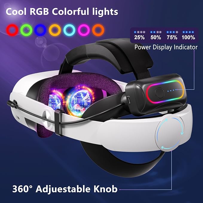 Saqico 20000mAh Dual Magnetic Battery Head Strap Compatible with Meta Oculus Quest 2/3/3S, Cool RGB Battery Pack & Easy to Replace Extend VR Playtime-Premium Comfort & Adjustable, Reduce Facial Stress