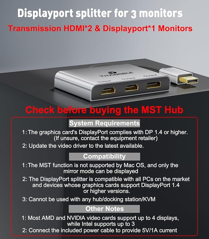 DisplayPort to Dual HDMI with DP Adapter (4K@60Hz) Extended Display 1 in 3 Out MST Hub for Multiple Monitors Compatible for Graphics Card, PC, NVIDIA, AMD