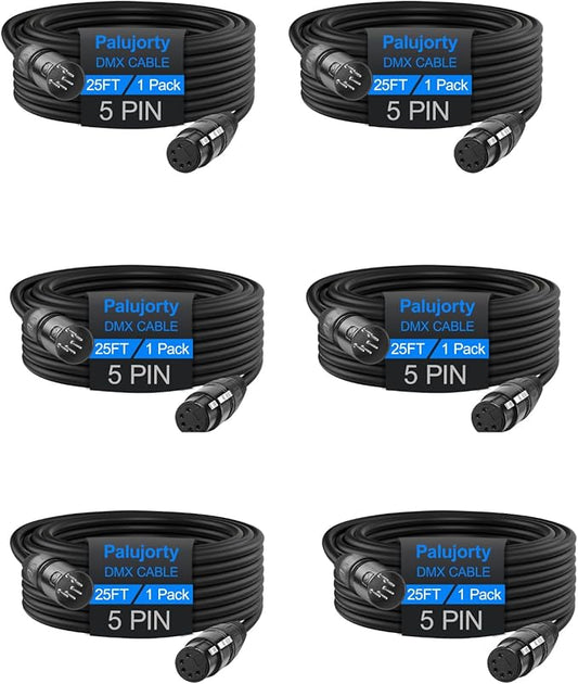 25 FT DMX Cable 6 Pack, 5 Pin DMX Cable for Stage Light and DMX Devices