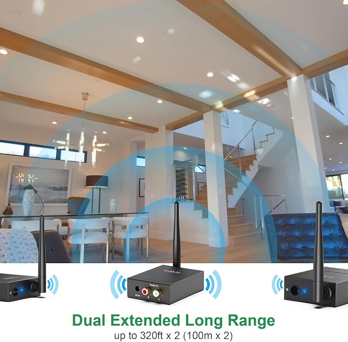 1Mii 2.4GHz (1 TX + 2 RX) Wireless Audio Transmitter and Receiver Set | 20ms Ultra Low Delay with RCA In/Out, 320FT Long Range for TV PC CD Player Powered Speaker, 2 Receivers for 2 Powered Speaker