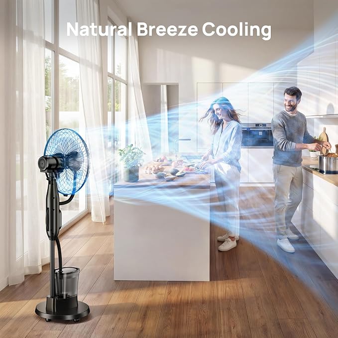 Misting Fan, 16'' Standing Fan with Humidifier, Oscillating Fan with 9 Speeds 7H Timer, Fan for Bedroom, Pedestal Fan Indoor Only - 2026 Upgraded