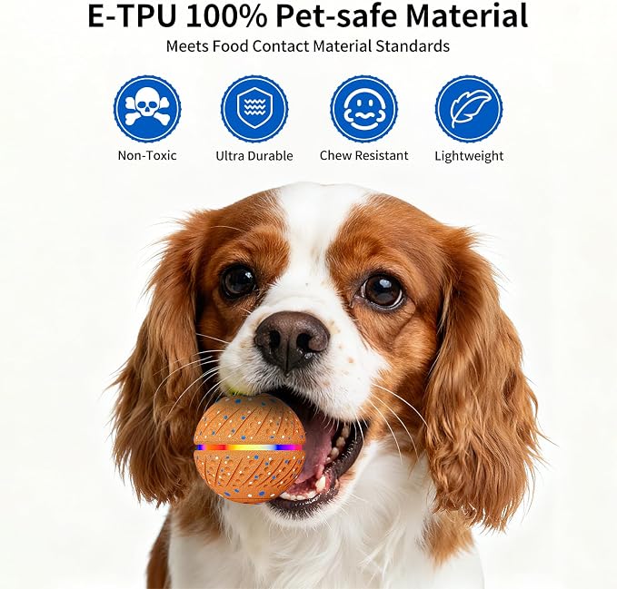 Interactive Automatic Dog Ball, Self-Moving Rolling Toy for Dogs, Chew Resistant E-TPU Material, IPX7 Waterproof, USB-C Rechargeable, Smart Vibration Sensor, Indoor & Outdoor (Orange)