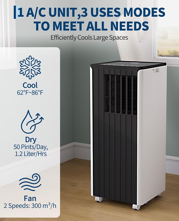 8000 BTU Portable Air Conditioner - 3 in-1 AC Unit Cools 350 Sq. Ft Rooms, Quiet 50 dB Operation w/Touch Control & Remote, Window Kit & 24H Timer, Dehumidifier & Fan Modes for Bedroom, Black Top