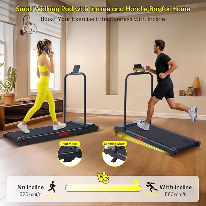 Walking Pad with Handle Bar, 2026 Upgrade Compact Portable Small Treadmill with Handles for Home Office Small, 3.0HP Electric Under Desk Mini Walking Pad Treadmill with Incline, 0.6-7.6MPH, 350LBS