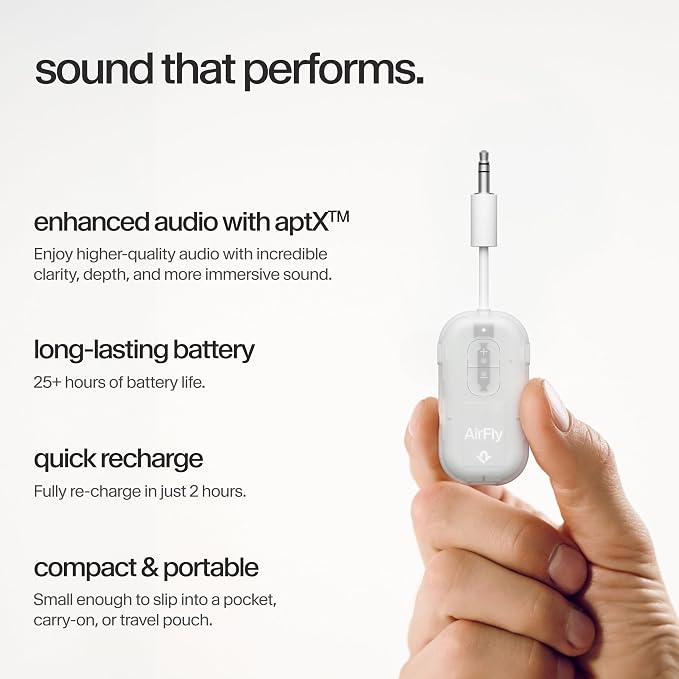 AirFly Pro 2 – Bluetooth Adapter for Airplane, Pair 2 AirPods or Wireless Headphones – 3.5mm AUX Bluetooth Transmitter for Cars, Boats, Treadmills, TVs– Airplane Travel Essentials, Glacial White