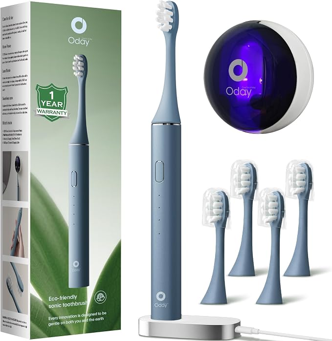 Oday Sonic Electric Toothbrush for Adults with Wall Mounted Toothbrush Sanitizer Holder and 4 Brush Heads, Smart Timer, Wireless Charging, IPX7 Waterproof, 1 Month+ Battery, Blue