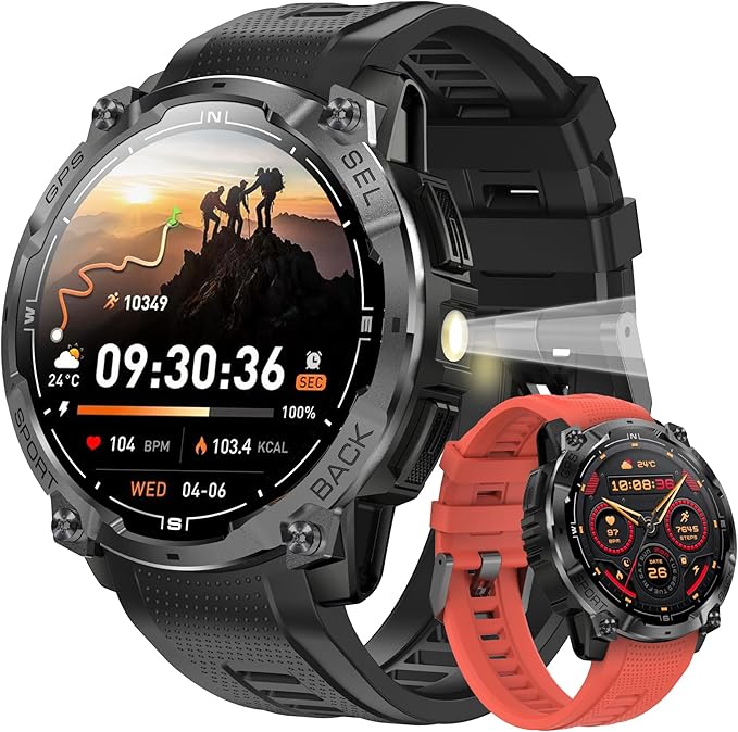 Rugged Military Smart Watch for Men with GPS, 1.43'' AMOLED Fitness Tracker Watch with Bluetooth Call/Flashlight/Compass, 170+ Sports Modes Waterproof Mens Smartwatch for Android iPhone
