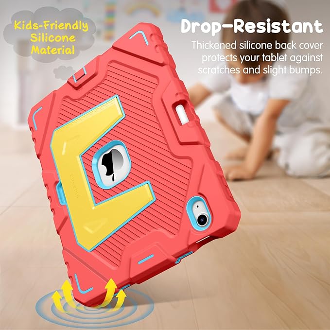 Fintie Kids Friendly Case for iPad (A16) 11th Generation 11 Inch (2025), iPad 10th Generation 10.9 Inch (2022), Fully-Body Rugged Heavy Duty Shockproof Protective Case with Kickstand, Pink/Yellow