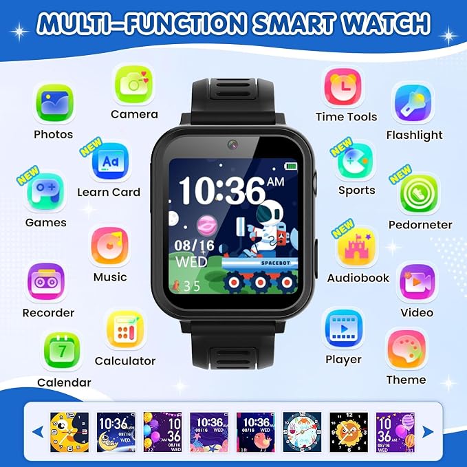 MOFGDNI Smart Watch for Kids with 39 Games Touchscreen Camera Video, Music Player, Pedometer, Calculator, Calendar, Stopwatch, Flashlight, Alarm Clock 12/24 hr, Birthday Gifts Toys for Boys Ages 3-12