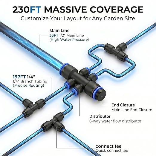 Drip Irrigation Kit – 230FT Automatic Garden Watering System with Quick-Connect 1/4" & 1/2" Fast-Lock Tubing, Adjustable Nozzles & Sprinklers for Greenhouse, Lawn, Potted Plants