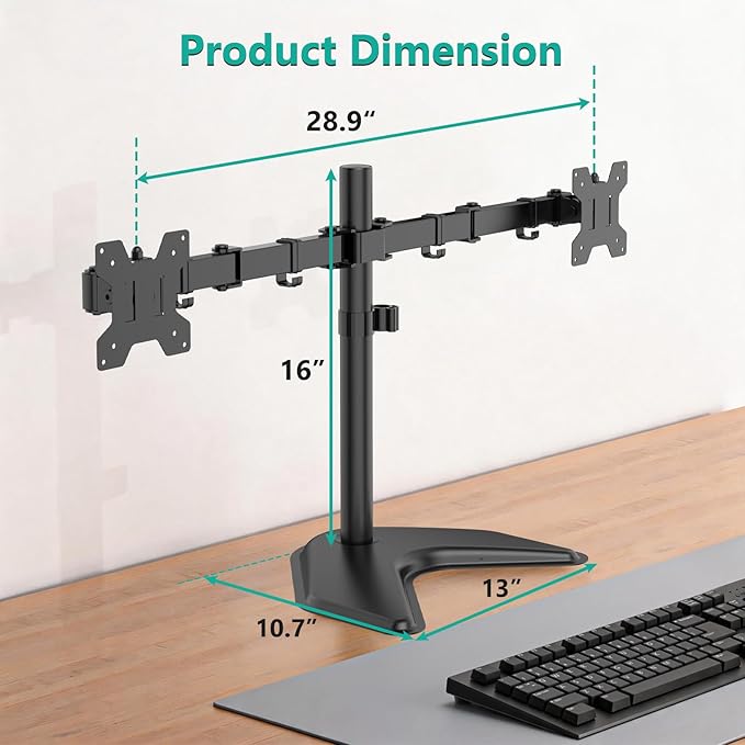 WALI Dual Monitor Stand for Desk, Monitor Stands for 2 Monitors up to 27 inch, Dual Monitors Mount Fits up to 22lbs, Free Standing Full Motion Dual Monitors Arm for Desk (MF002), Black