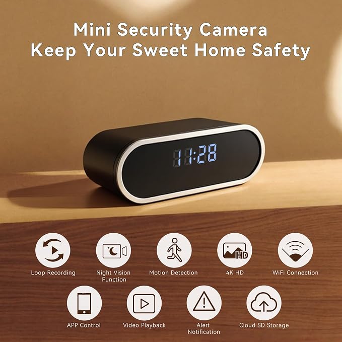 Wireless WiFi Security Camera, Nanny Cam for Home, Indoor Camera with Clock with App Control, AI Motion Detection, Loop Recording, Night Vision, Local & Cloud Storage, Easy to Use