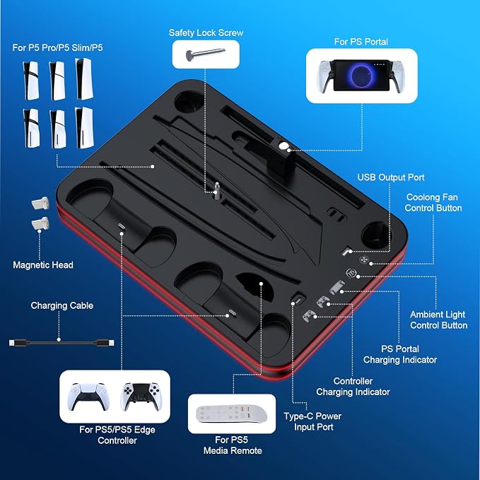 FYOUNG All in One Cooling Stand & Charger Station for PS5/Slim/Pro Console and Controller Charing Dock, Charging Stand for PlayStation Portal, Headset and Remote Holder with RGB Light Stand (Black)