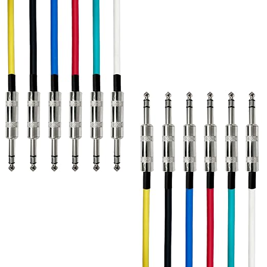 AxcessAbles 2ft Multi-Color 1/4" Balanced TRS Audio Cables (6 Pack) - TRS Speaker Patch Cables for Balanced Audio Connections