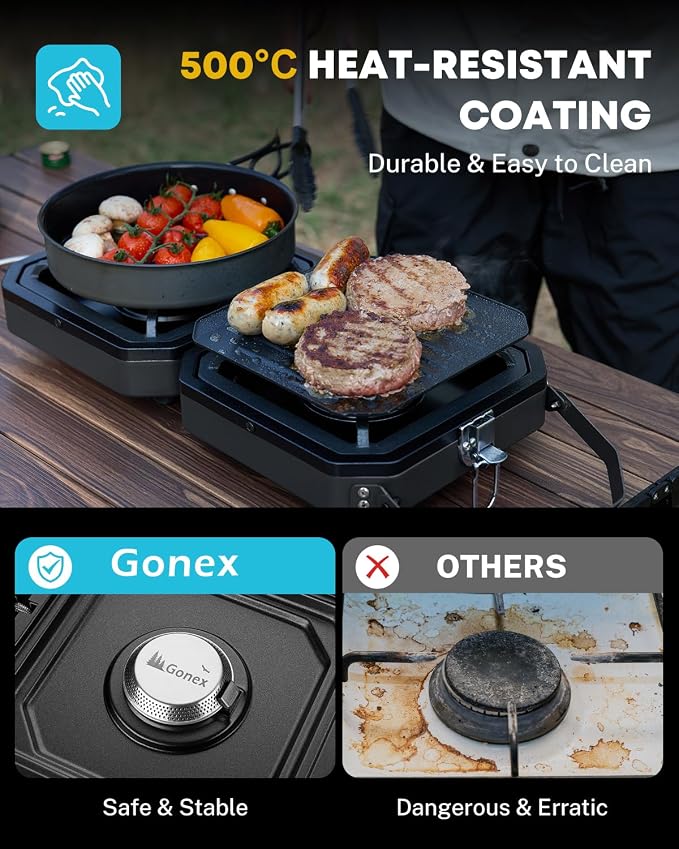 Gonex 2 Burner Propane Camping Stove with Griddle & Grates, Portable Foldable Cooking Stove with Total 16,000 BTU, Two Piezo Ignition Adjustable Burners for Camping, Patio, Emergency, Hiking (Black)