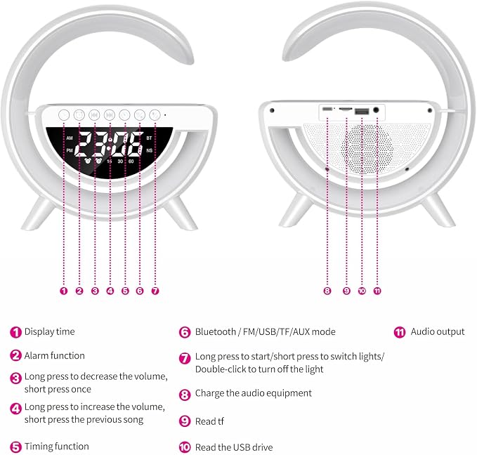 15w Wireless Charging Ambient Light Bluetooth Speaker Alarm Clock Multifunctional G-Type Colorful Bedroom Light Desktop Creative Ornament