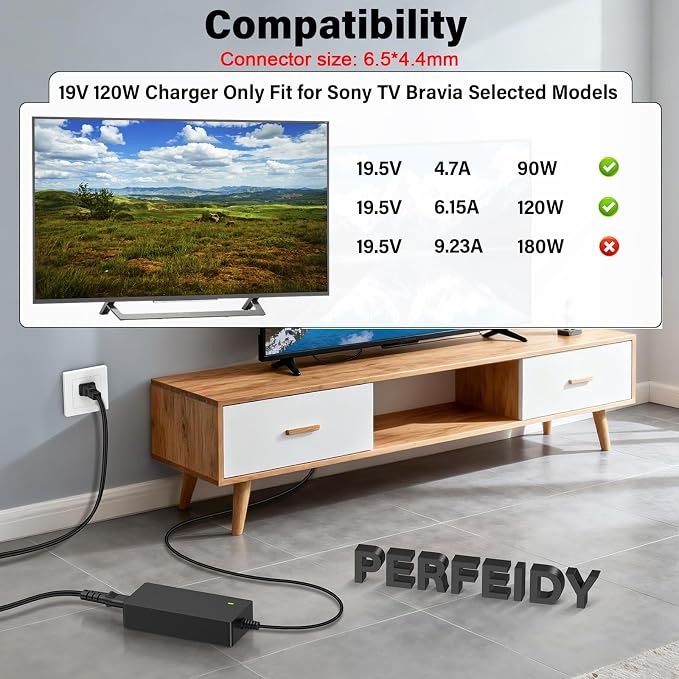Power Cord 19V 120W for Sony TV Bravia XBR-55X850D XBR-49X800D XBR-43X800E XBR-49X800E VGPPRZ20A KDL50W800D KDL-55W800C KDL-55W805C VGPPRZ20C KD-55X720E Charger AC DC Adapter Perfeidy