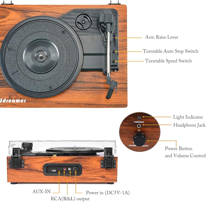 Vinyl Record Player Wireless Turntable with Built-in Speakers and USB Belt-Driven Vintage Phonograph Record Player 3 Speed for Entertainment and Home Decoration