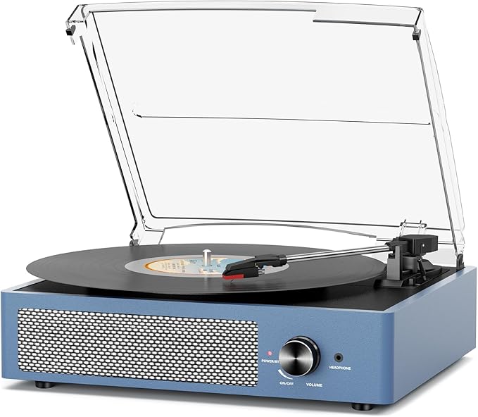 Vinyl Record Player with 2 Stereo Speakers Belt-Driven Vintage Turntables 3 Speed 3 Size Wireless Bluetooth Playback AUX-in RCA Out Headphone LP Vinyl Players Auto Stop Frosted Purple