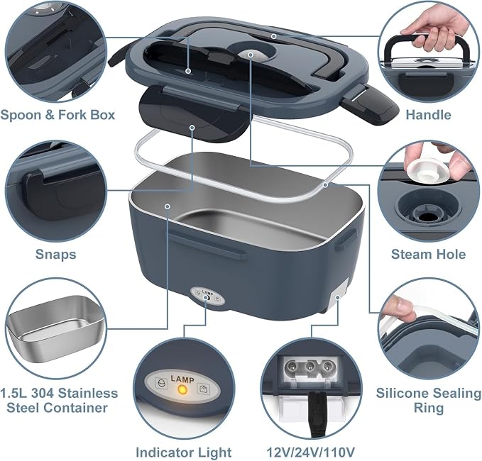 Electric Heated Lunch Box for Men/Women Home 80W Portable Food Warmer with 12V/24V/110V/220V Stainless Steel Leakproof Container for Work Travel Jobsite Camping Gifts Fathers Day for Dad Husband Men