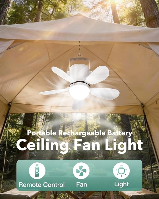 Ceiling Fan Light, Portable Battery Gazebo Fan with Remote Control & Fast Charging Cable, Rechargeable Wireless Camping Fan Outside, for Outoor Tent Porch Canopy Pergola RV Travel
