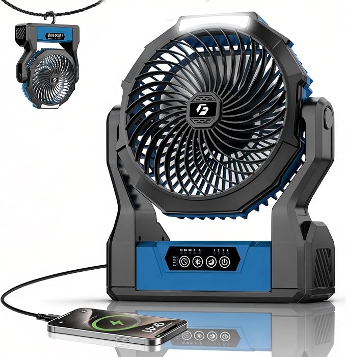 XZK 36000mAh Rechargeable Camping Fan, 98H Runtime Battery Powered Portable Travel Fan with LED Light, Tent Fans for Indoor,Outdoor,Fishing,Jobsite & Hurricane Emergency,Gifts for Men Dad Him,Blue