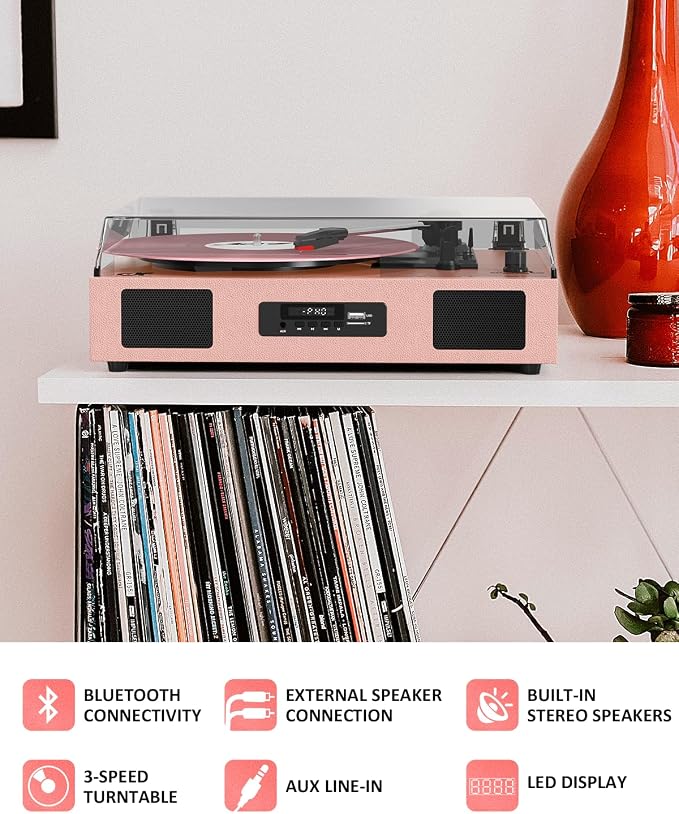 Vinyl Record Player Vintage Wireless Bluetooth Record Player with Enhanced Speakers, USB Recording, LP Player with 3-Speed Belt Drive Turntable Support RCA Line-Out AUX Input EQ,Pink