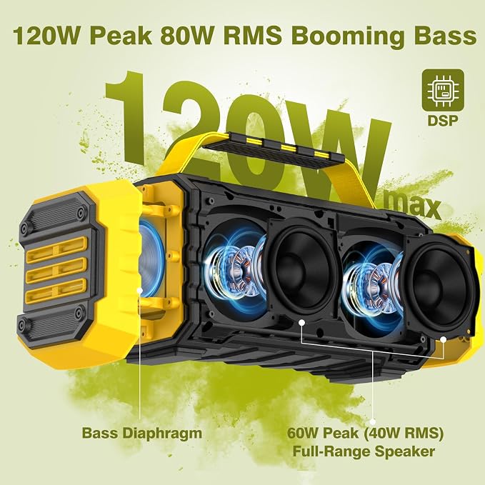TOMPROAD Portable Bluetooth Speaker 120W Peak 80W Wireless Speakers, TWS Pairing, Deep Bass, Hi-Fi Loud Speaker, IPX6 Waterproof, DSP Sound Boombox for Outdoor, Camping, Party, Beach