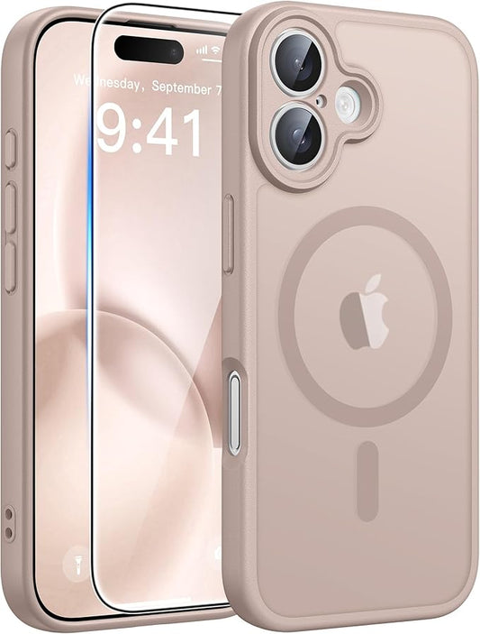 FNTCASE for iPhone 16 Case: [Compatible with Magsafe] Translucent Matte Cases with [Full Camera Protection] [Screen Protector] Military Grade Shockproof Protective Phone Cover - Desert Gold