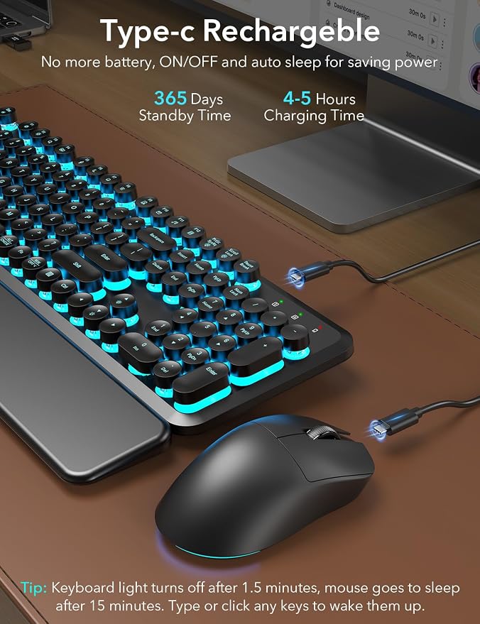 Wireless Keyboard and Mouse Backlit - Typewriter Keyboard with Magnetic Wrist Rest, Retro Round Keys, Light Up Letters, 2.4GHz Cordless Combo for Mac, Windows, PC, Laptop, Trueque CK23Pro [Upgraded]