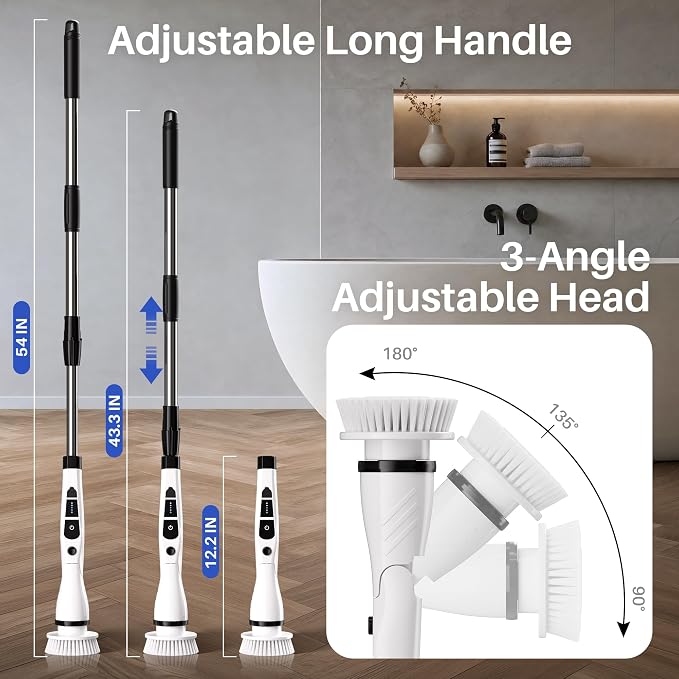 JOYMOOP Electric Spin Scrubber, Cordless Cleaning Brush 450 RPM with 100-Min Runtime, IPX7 Waterproof Power Scrubber with 8 Brush Heads, Adjustable Long Handle for Bathroom, Floor, Tile, Kitchen
