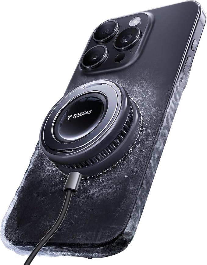 TORRAS PolarCircle Qi2 Wireless Charger, 15W Cooling Magnetic Pad for Samsung Galaxy S26, Wireless Charger for iPhone 17/16/15/14 with 360°Spin Stand, Semiconductor Game Cooler, with 5ft Type-C Cable