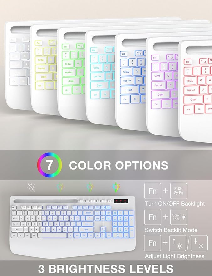 SABLUTE Wireless Keyboard and Mouse Combo, 9 Backlit Effects, Wrist Rest, Phone Holder, 2.4G Lag-Free Ergonomic Keyboards, KM22 MAX Rechargeable Silent Set for Computer, Laptop, Mac, Windows（White）