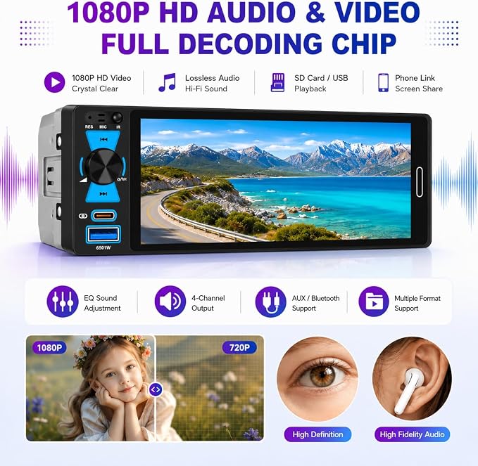 Single Din Car Stereo, 6.5 Inch in-Cell Touch Screen, Wireless Apple CarPlay Android Auto, Bluetooth 5.2, 180W Amplifier, Car Radio, Dual USB + Type-C, Backup Camera, Universal Fit for One Din Cars