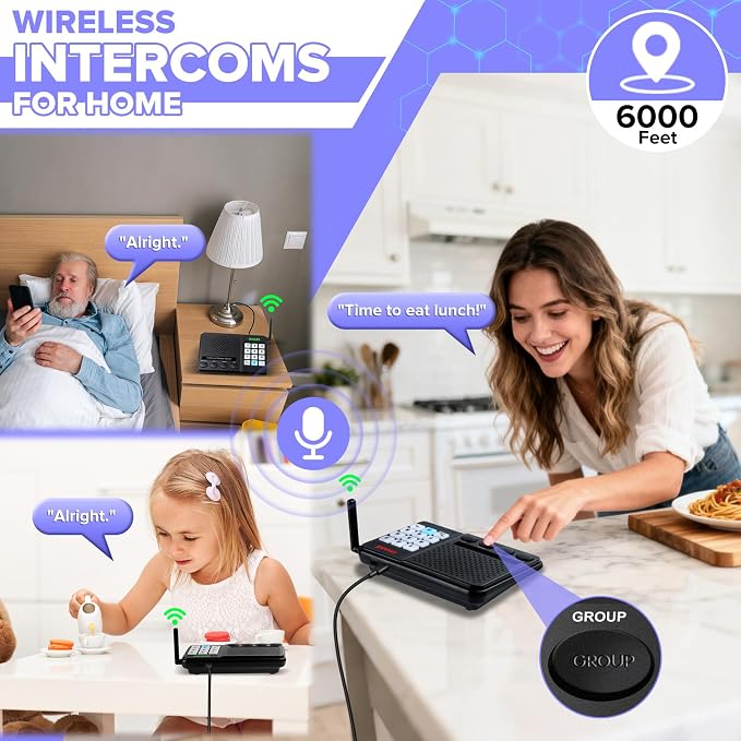 Intercoms Wireless for Home, Long Range Wireless Intercom 6000ft, Intercoms for Home with Group Call, Clear Sound, 8 Volume Levels Intercom System for House Business Office Elderly(2 Packs)