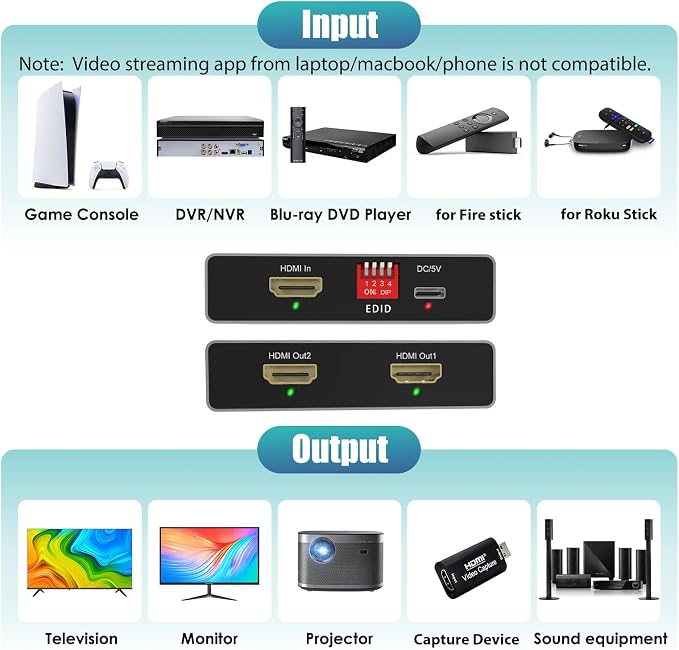HDMI Splitter 1 in 2 Out 4K 60Hz - EDID Clone, HDCP2.2, HDR, Dolby Atmos, Dolby Vision - Compatible with Firestick 4k Max, PS3/PS5 & Elgato HD60s/x/Pro, Apple TV 4K, Retrotink, Roku Stick