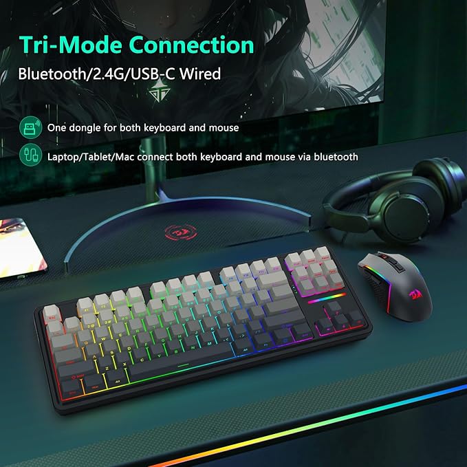 Redragon Wireless Mechanical Keyboard and Mouse Combo, Bluetooth/2.4Ghz/USB-C Wired, RGB Backlit, TKL Creamy Gaming Keyboard with Hot Swappable Linear Switches + 12800 DPI Gamer Mouse