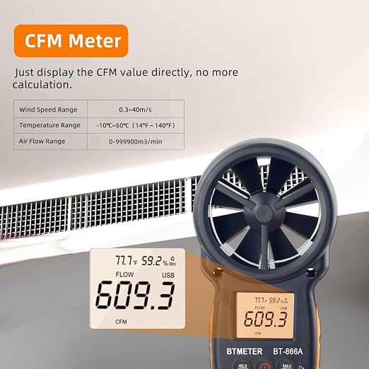 BTMETER BT-866A Pro Handheld HVAC Anemometer for CFM Air Flow, Wind Speed Meter Gauge Measures Wind Velocity Temp%RH Dew Point with USB Sync to PC