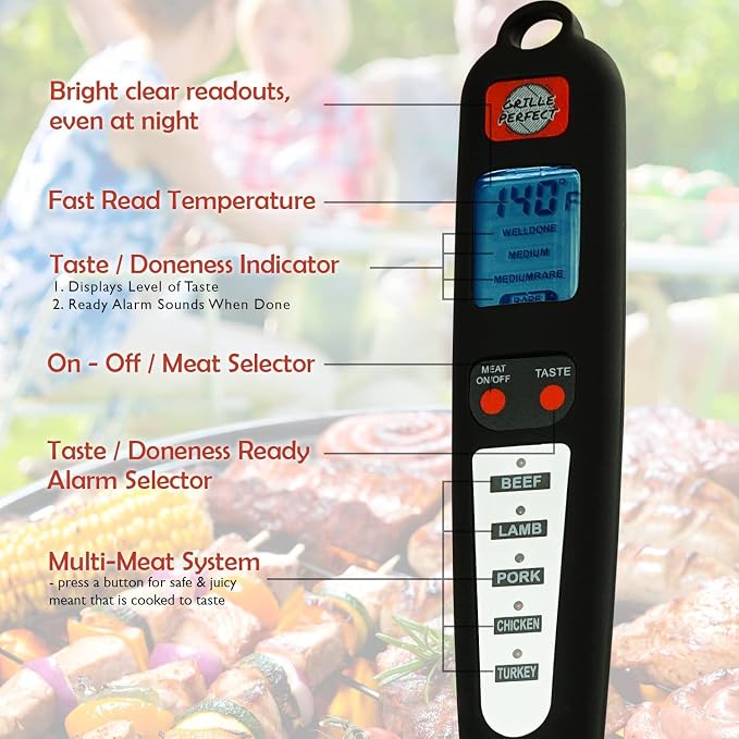 Digital Meat Thermometer and Heavy Duty Tongs BBQ Tools for Grilling Smoking Outdoor Cooking Instant Read Accurate Temperature Probe Long Metal Flipper with 3 Side Silicone Handle