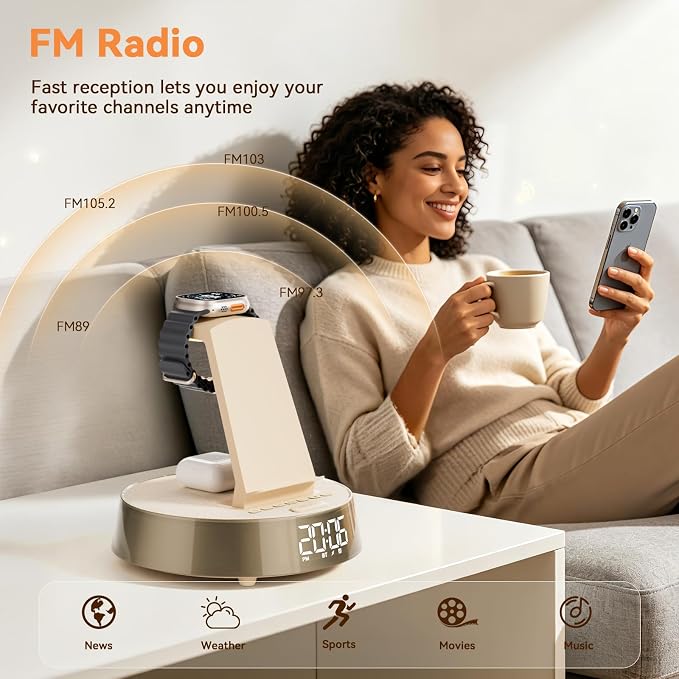 6 in 1 Wireless Charging Station with Alarm Clock, Bluetooth Speaker, FM Radio, Night Light for Bedroom Office, Wireless Charger Dock Station for iPhone 17 16 15 14 13 12 Pro Max,Apple Watch, AirPods