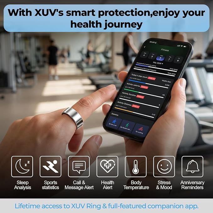XUV Smart Health Ring for MenWomen, Waterproof Fitness Tracker Ring with Heart Rate, Blood Oxygen, Sleep, Step Counting, Vibration Alerts Smart Ring, No APP Fee for iOS & Android (Silver, 9)