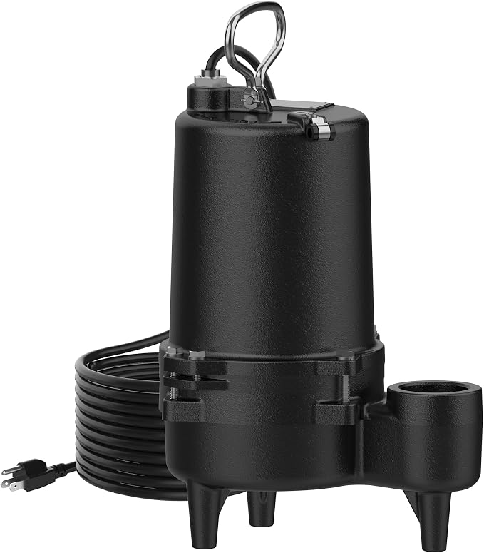 1/2 HP Sewage Pump, Cast Iron Effluent Pump, Automatic Float Switch, Sewage Sump Pump for Sump Basin, Basement, Residential Sewage, 2'' NPT Discharge, Dark Black