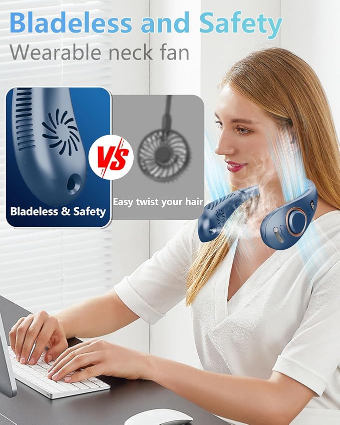 Neck Fan with Mist Spray, Bladeless Fans that Blow Cold Air, 5 Speeds, 2 Mist Modes, USB-C Rechargeable, LED Battery & Wind Display, Folding for Outdoor Travel Work, Women Men Kids Gifts (Blue)