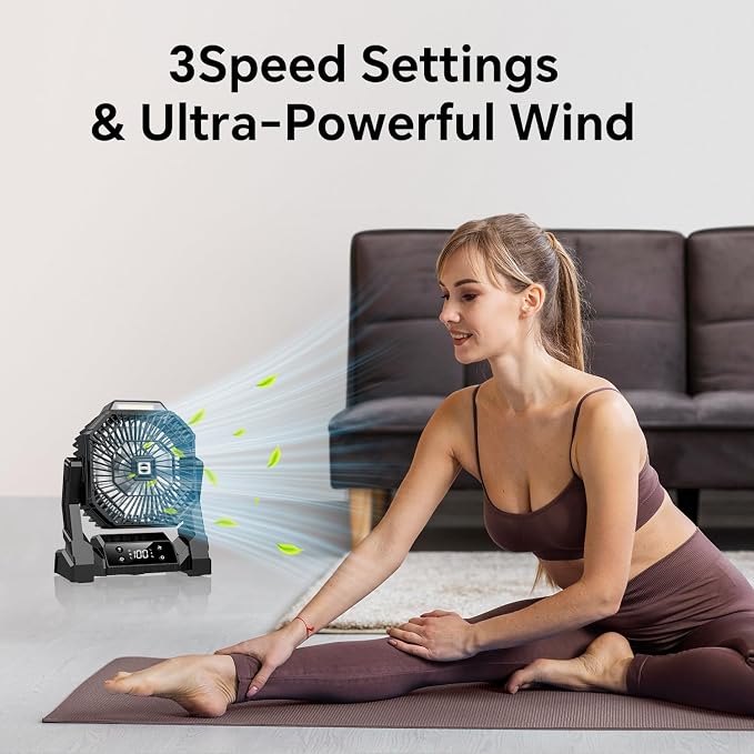 Portable Camping Fan with LED Lantern, 15000mAh Rechargeable Battery Operated Fan with 3 Speeds & Digtal, Personal USB Table for Camping Essential ＆ Hurricane-Ready