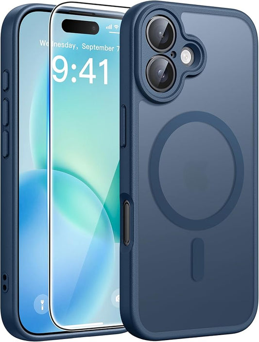 FNTCASE for iPhone 16 Case [Compatible with Magsafe] Translucent Matte Cases with [Screen Protector] Military Grade Shockproof Protective Phone Cover - Blue