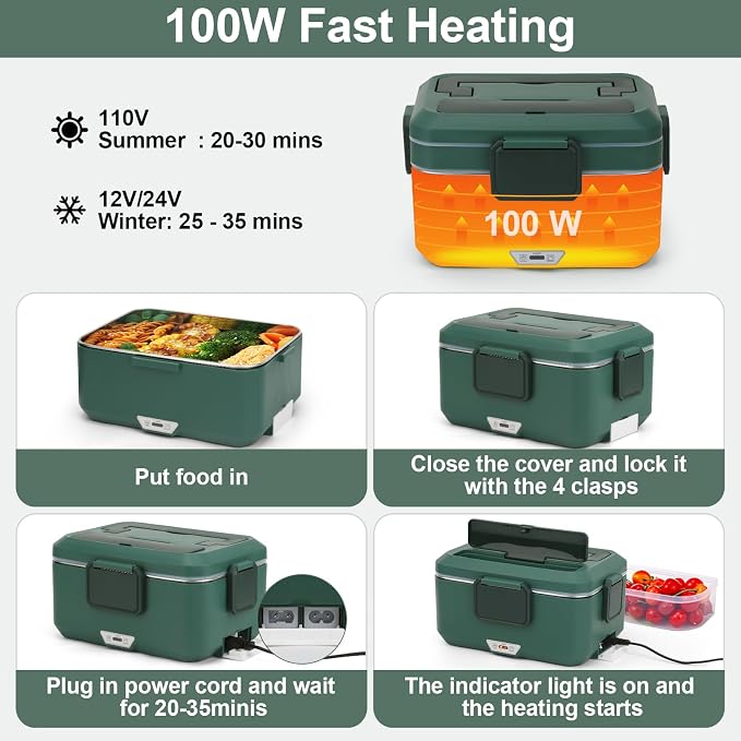 Electric Lunch Box for Adults, 100W 3.5L 2-Layer Portable Food Warmer for Men, Dual Mode 2.5L + 1L Large Heated Lunch Box for Car/Truck/Work, Lonchera Eléctrica Portátil para Calentar Almuerzo